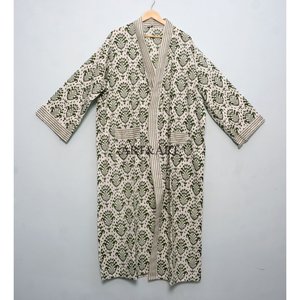 Kimono de algodón hecho a mano con estampado floral, ropa de dormir de verano, estampado en bloques, largo hasta el suelo, bata de dama de honor, pareo de playa, kimono informal. - Product Image 3