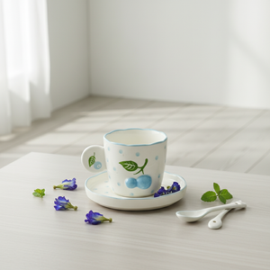 Taza y Platillo de Porcelana Fina de Primera Calidad 3460984C-0.2, Diseño Estampado con Motivos de Arándanos y Puntos - Product Image 5