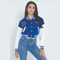 Jaket Bomber Varsity Kulit Asli Wanita Putih Hitam, Potongan Regular, Lengan Hitam, Bordir Patch, Lapisan Wol Katun