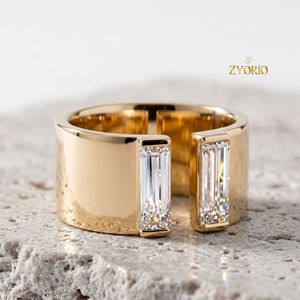 14K Gold Baguette Diamond <b>Open</b> <b>Ring</b> Luxury Statement Wide Band <b>Ring</b> Modern Fine Jewelry - Product Image 5