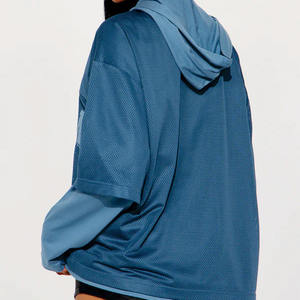 Blue Women Mesh Hoodie American Football Jersey Layered Long Sleeve Streetwear Top Breathable <b>Athletic</b> Wear Custom Sports Shirt - Product Image 3