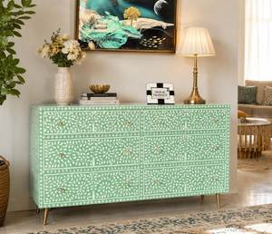 Mesita de noche con incrustaciones de hueso pulido y diseño floral, cajón con compartimentos, personalizada para uso en dormitorio, de la marca India Handicrafts. - Product Image 5