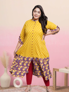 Colección de Anarkali Kurta de Algodón Ikat y Estampado Floral, Vestido Anarkali con Cuello Bordado y Mangas con Volantes, Ropa Étnica para Mujer - Product Image 3