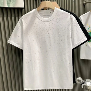 Camisetas de Lujo Personalizadas con Pedrería, Negras, 100% Algodón, Camisetas de Hombre con Cuello Redondo, Ropa Urbana de Verano, Camiseta con Cristales Brillantes, Diseño OEM - Product Image 5