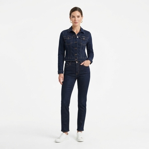 <b>Women</b> Dark <b>Blue</b> Denim Jacket And Skinny <b>Jeans</b> Set Casual Two Piece Matching Denim Outfit Streetwear Fashion - Product Image 1