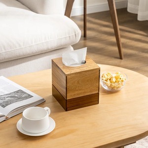 Decorative Dual Tone Wooden Square Tissue Holder For Bedroom Nightstand Chic Mid Century Modern Wood <b>Block</b> Tissue Case - Product Image 2