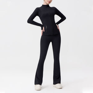 2026 New Design Eco Friendly Quick Drying Breathable Stand up Collar Full Length Yoga Jacket Solid <b>Flare</b> <b>Legging</b> Set Seamless - Product Image 3
