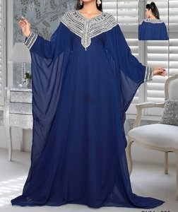 Abaya Azul con Cuentas, Cuello Alto, Talla Grande, Larga hasta el Suelo, para Mujer, Modesta, Manga Larga, Poliéster Sólido, Bordado, para Fiestas, Eventos Nocturnos y Uso Diario - Product Image 1