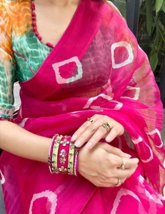 Sari Tradicional KV para Mujer, de Algodón y Lino Bandhani, Sin Arrugas, para Otoño (Rosa) - Product Image 1