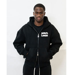 Mens Black Full <b>Zip</b> Hoodie Custom Logo Oversized Hooded Sweatshirt Heavyweight Streetwear <b>Zip</b> <b>Up</b> <b>Jacket</b> - Product Image 3