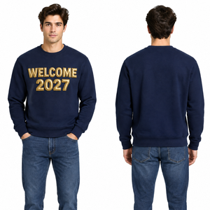 Sudadera Azul Marino Personalizada OEM con Estampado 3D en Relieve y Texto Dorado 'Bienvenida 2027', Cuello Redondo Informal para Hombre - Product Image 3