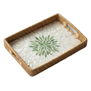 Handmade Rattan Serving Tray With Green Mother Of Pearl Inlay Decorative Tray With <b>Handles</b> For Home Decor And Food Service - Product Image 1