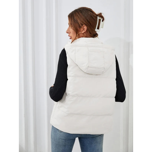 Blouson matelassé sans manches blanc personnalisé à capuche avec fermeture éclair, couleur unie, vêtement d'extérieur décontracté pour femme - Product Image 4