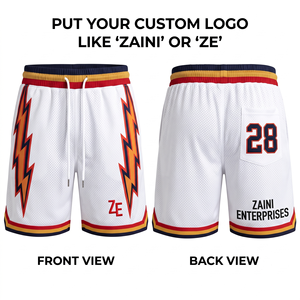 Shorts de basketball pour hommes en maille polyester 140g de qualité supérieure, bleu marine moyen, avec bande latérale blanche, motif monstres de dessin animé numérique personnalisé, élastique - Product Image 2