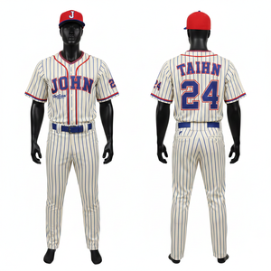 Uniforme de baseball respirant pour hommes, 160 GSM, polyester premium, rayures crème bleu rouge, sergé, logo personnalisé - Product Image 1