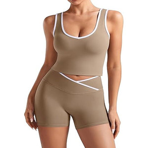 Ensemble de sport vintage 2 pièces pour femme avec débardeur court et short – Tenue de gym et yoga écologique en Spandex/Coton à séchage rapide - Product Image 4
