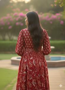 Women Cotton Block Print <b>Maxi</b> <b>Dress</b> Square Neck Tie Waist 3/4 <b>Sleeve</b> Boho Ethnic <b>Summer</b> <b>Dress</b> Paisley Indian Handicrafted A-Line - Product Image 5