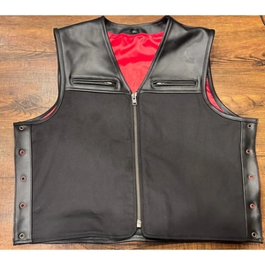 Custom <b>Black</b> Leather Motorcycle <b>Vest</b> with Red Lining, Front Zipper, Side Snap Adjustments and Multiple Zipper Pockets - Product Image 1
