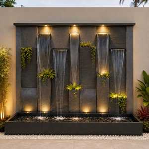 Fontaine murale moderne en marbre pour jardin extérieur, avec cascade à plusieurs niveaux et lames d'eau en verre illuminées - Product Image 1