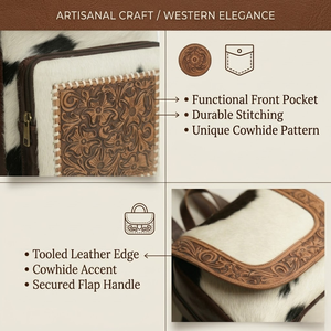 Western Style Full Grain Leather Backpack Handmade Hair On Hide Cowhide Floral Tooled Design Rustic Cowgirl Shoulder Bag travel - Product Image 6