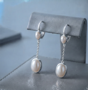 Boucles d'oreilles pendantes classiques en perles d'eau douce naturelles, perles rondes blanches, plaqué argent, bijoux d'oreille pour mariage et fête - Product Image 1