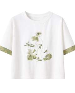 Camiseta Corta Blanca Bordada para Mujer, de Algodón, Manga Corta, Informal, Veraniega, con Estampado Floral, Holgada, Estilo Urbano, Venta al Por Mayor - Product Image 1