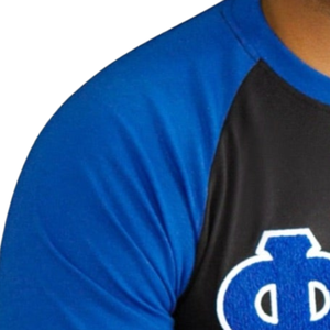 T-shirt en chenille bleu et noir à manches raglan pour homme, avec lettres grecques, vêtement de fraternité premium, coupe classique à manches courtes - Product Image 3