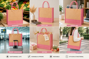 กระเป๋าโท้ทผ้าปอกระเจาสีชมพูพร้อมหูหิ้วด้านบน ดีไซน์ทรงแข็งแรง - Product Image 5