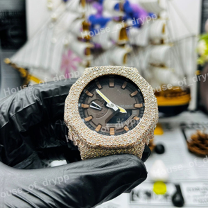 Iced Out VVS Moissanite Watch Diamond Hip Hop Luxury Timepiece Brown Dial Round <b>Case</b> Bold Statement Watch - Product Image 1