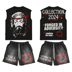 280 GSM Heavyweight French Terry Sleeveless T Shirt Shorts <b>Set</b> Washed Black Custom Logo Men Sleeveless shirt and Shorts <b>Set</b> - Product Image 1