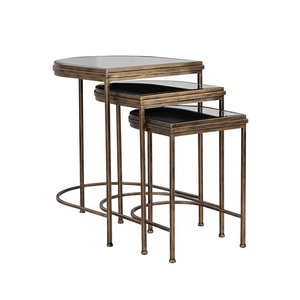 Vintage Industrial Nesting Accent <b>Tables</b> – Semi-<b>Round</b> Smoked <b>Black</b> Glass Top with Distressed Bronze Metal Frame - Product Image 1