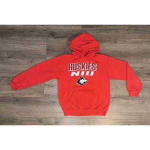 Sudadera con capucha vintage con estampado gráfico grande del logo de los Northern Illinois Huskies para hombre, talla M, color rojo - Product Image 1
