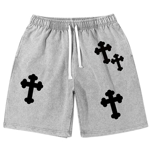 Shorts de sport décontractés pour hommes avec logo personnalisé sur le devant, 100% coton molletonné épais, délavage acide, taille à cordon de serrage, taille mi-haute, design effet soleil éclairé - Product Image 4