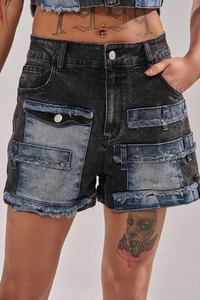 Shorts de Mezclilla para Hombre, Estilo Patchwork, Cintura Alta, Cierre de Botones, con Bolsillos, Lavados, Estilo Urbano - Product Image 2