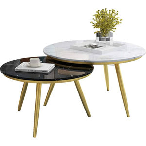 Tables basses gigognes de luxe en marbre noir et blanc de qualité supérieure avec plateau rond et pieds en métal plaqué or de haute qualité - Product Image 1