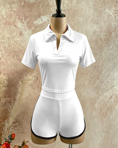 Women's Solid Color Two-Piece Shorts Set Polo Collar Short Sleeve Breathable Sporty Regular Fit Knitted Polyester Spring Summer - Product Image 4