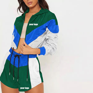 Conjunto de 2 Piezas para Mujer de Alta Calidad, 100% Algodón Felpa, Chaqueta Corta con Encaje Bordado, Bloques de Color, Logotipo Personalizado, Chándal - Product Image 1