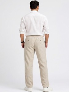 Men's <b>Light</b> Beige Linen Drawstring Waist Casual <b>Trousers</b> Lightweight Elastic Waist Summer Style Flat Front Pants - Product Image 3