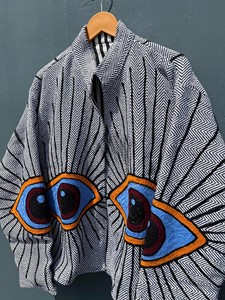 Handcrafted Evil Eye Embroidered Bomber <b>Jacket</b> Artisanal Bohemian Striped Canvas <b>Jacket</b> Handcrafted Bomber <b>Jacket</b> - Product Image 3