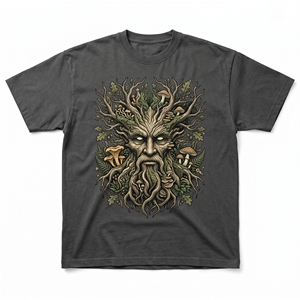 T-shirt personnalisé pour homme avec motif Green Man Tree Spirit, gris foncé, lourd, motif entité forestière mythique - Product Image 1