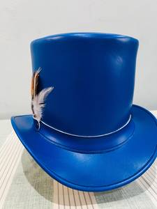 Sombrero de copa de cuero azul con plumas para adultos, disfraz de fiesta unisex - Product Image 4