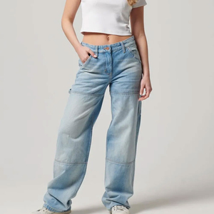 High Quality Breathable Plus Size Women's Denim <b>Pants</b> with Custom Patch Embroidery Loose Fit Jeans with Button Decoration - Product Image 1
