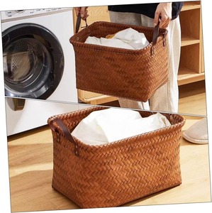 Seagrass <b>basket</b> with leather handles on both sides Handmade <b>Storage</b> <b>Basket</b> Wholesale eco-friendly Made Viet Nam - Product Image 6