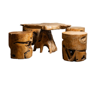 Ensemble de table basse en teck rustique ARTERRA Premium, tabourets en bois naturel, meubles artisanaux faits à la main pour salon, maison, hôtels/villas - Product Image 1