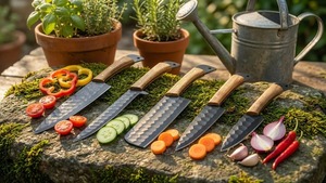 Ensemble de couteaux de chef en acier carbone faits à la main, 5 pièces, avec manches en bois et résine, design ambidextre - Cadeau de cuisine professionnel - Product Image 4