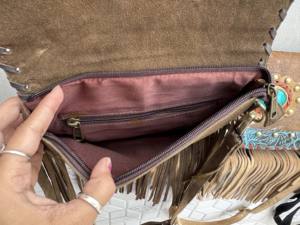 Elegante bolso de piel de vaca Real con flecos piedra turquesa multiusos Sling Gypsy Boho diseño Vintage hecho a mano nuevo botón borla - Product Image 6