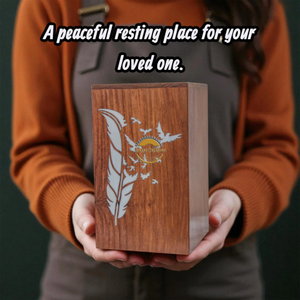 Urne funéraire artisanale en bois naturel avec motif de feuilles découpées et vague blanche, fabriquée à la main par AYAANS - Product Image 2