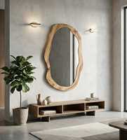Irregular Organic Asymmetric Wooden Glass Wall Mirror Modern Amoeba Wave Eco-Friendly Wedding Living Room Decor Piece
