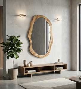 Espejo de Pared de Madera Irregular, Orgánico y Asimétrico, Espejo Moderno con Marco de Madera con Borde Natural en Forma de Ola, Pieza Decorativa Estética para Sala de Estar - Product Image 1