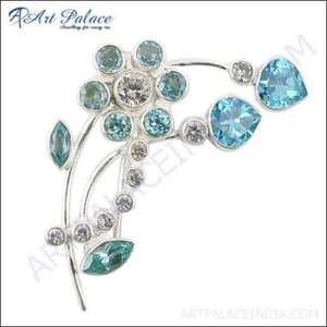 Vintage Silver <b>Brooch</b> with Blue Topaz & CZ Gemstones Precious <b>Fine</b> <b>Brooches</b> - Product Image 1